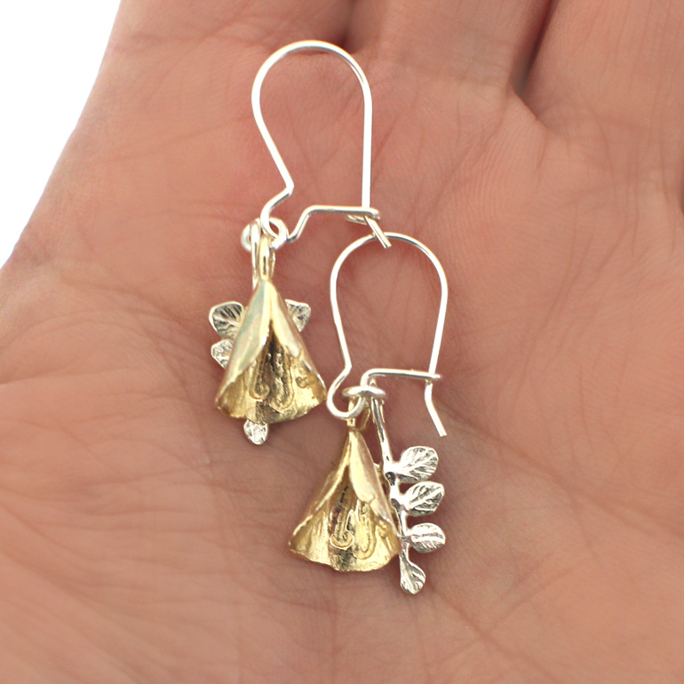 kowhai flower leaves bells solid 9k gold sterling silver kidney hooks earrings