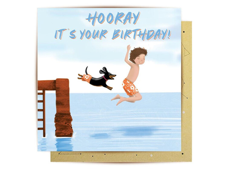 La La Land - Birthday Jetty Card dog hooray jump swim livewires