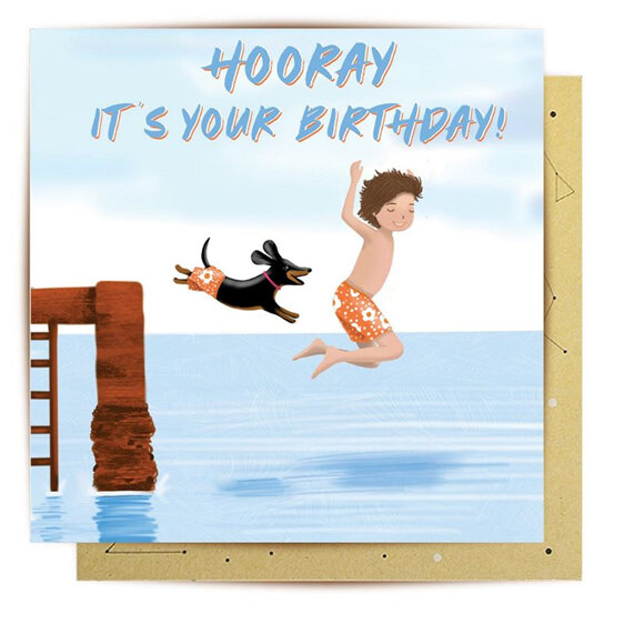 La La Land - Birthday Jetty Card dog hooray jump swim livewires