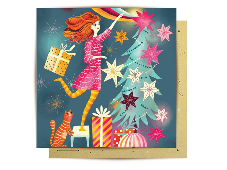 La La Land - Decorating The Tree Christmas Card cat girl star