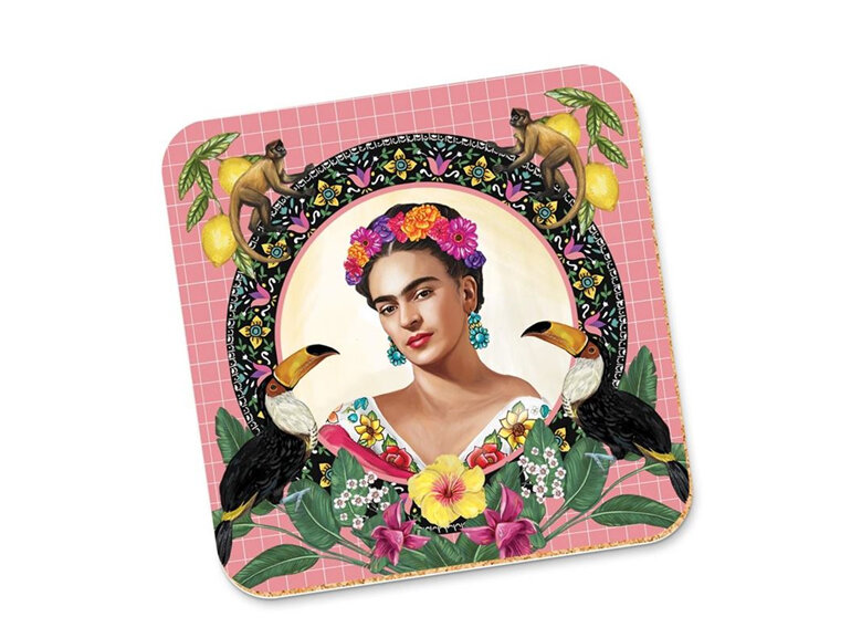 La La Land - Mexican Folklore Pink Coaster frida kahlo toucan