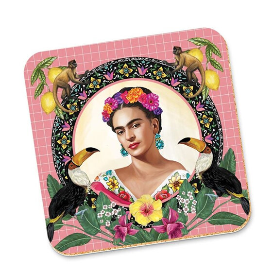 La La Land - Mexican Folklore Pink Coaster frida kahlo toucan
