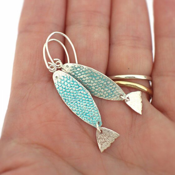 Lagoon turquoise Ika fish sterling silver earrings ocean sea lily griffin nz