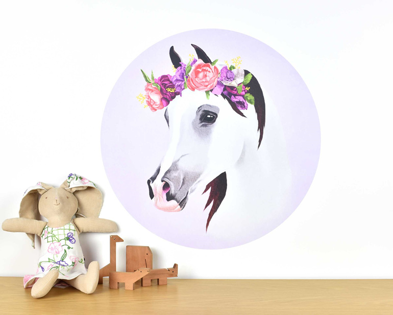 Large horse wall decal with flower crown and bunny and wooden animal toys
