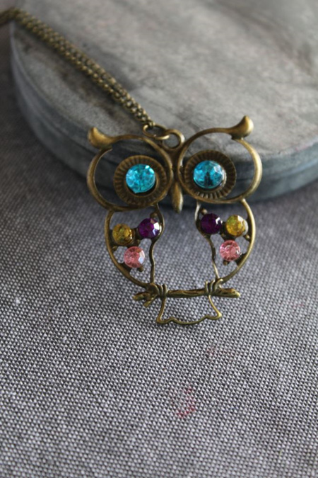 Large Owl Jeweled Pendant Necklace
