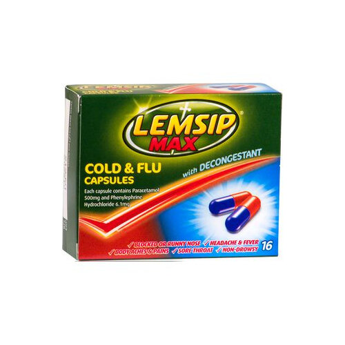 LEMSIP Max Cold & Flu Decongestant Capsules 16 Pack