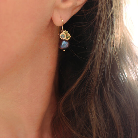 Liliana gold lily pad black opal peacock pearl earrings lily griffin nz jeweller