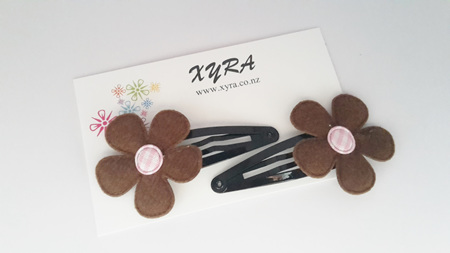 Lovely Brown with Pink Center Flower Hair Clips