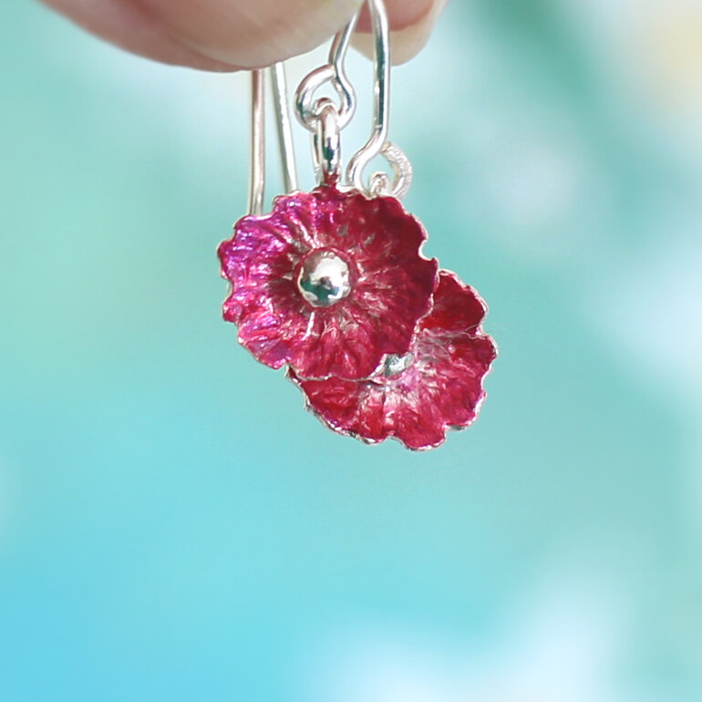 Makomako flower wineberry red claret crimson sterling earrings lily griffin nz