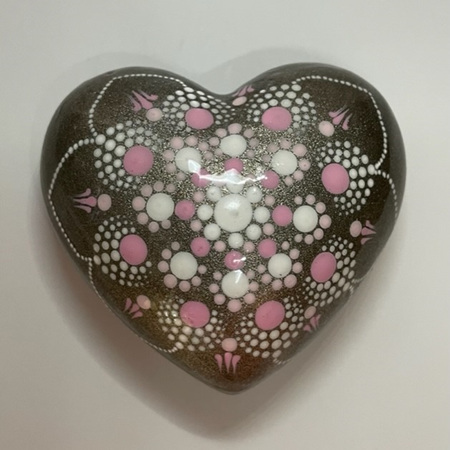 Mandala Hand Painted Heart Rock - pink & white on metallic pewter