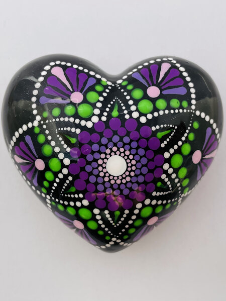 Mandala Hand Painted Heart Rock - purple, green, white on black