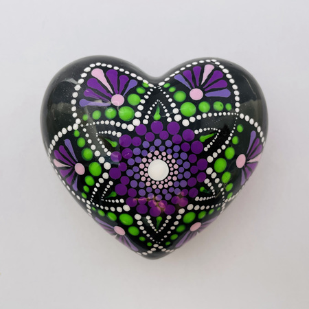 Mandala Hand Painted Heart Rock - purple, green, white on black