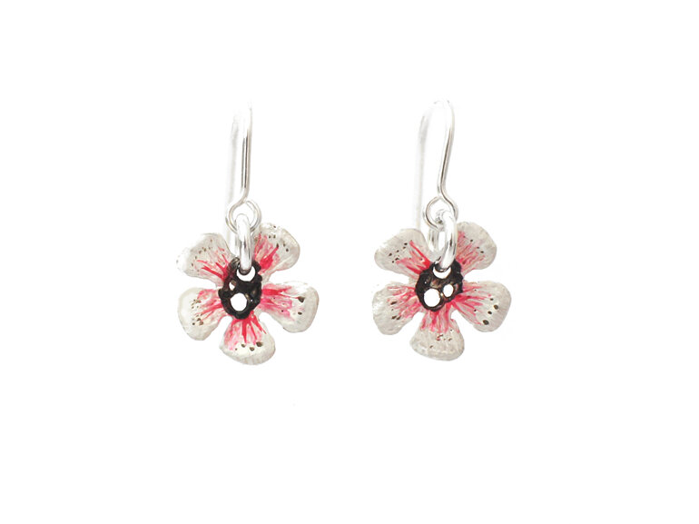 manuka flower pink white native nz flower sterling silver earrings