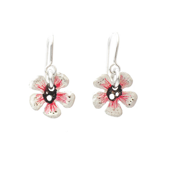 manuka flower pink white native nz flower sterling silver earrings