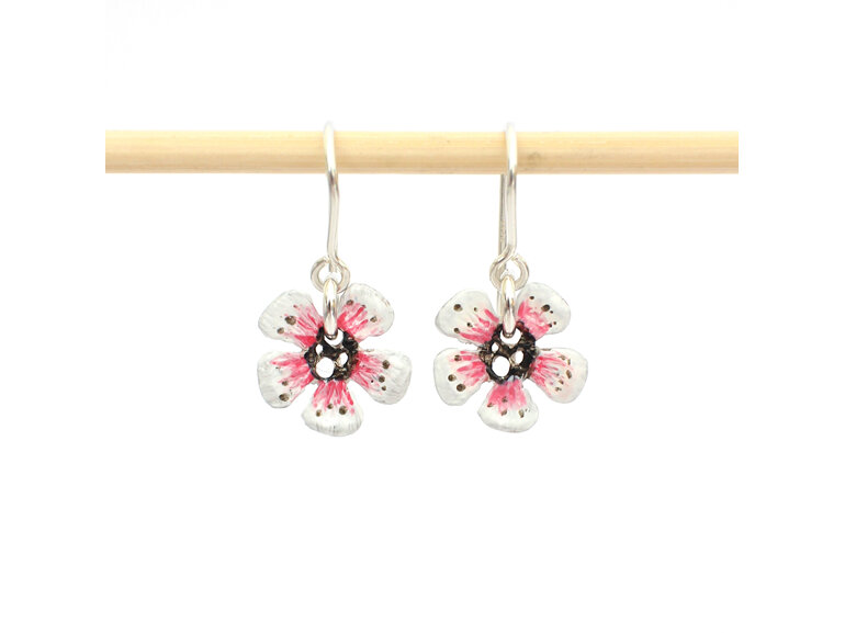 manuka flower white pink earrings sterling silver floral botanical nature native