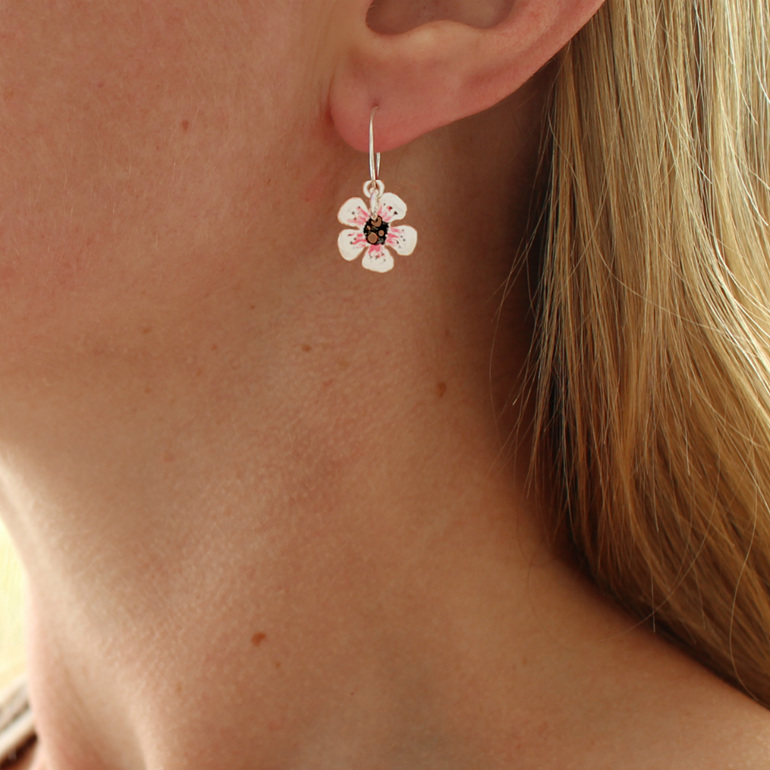 manuka flower white pink earrings sterling silver floral botanical nature native