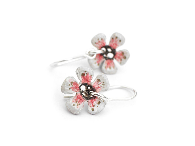 manuka flower white pink flower earrings silver sterling spring nature bee