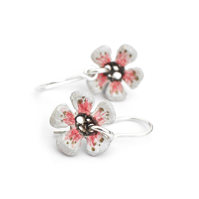 manuka flower white pink flower earrings silver sterling spring nature bee