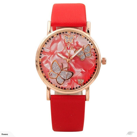 MARBLED BUTTERFLY WITH RED STRAP WATCH