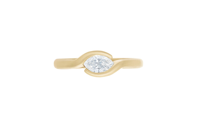 Marquise solitaire crossover setting diamond engagement ring 18ct yellow gold