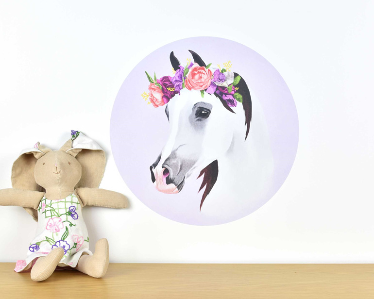 Medium horse wall decal with flower crown and bunny and wooden animal toys