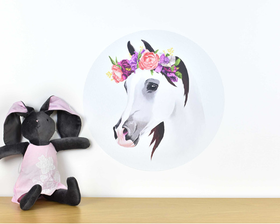 Medium horse wall decal with flower crown on white background with bunny toy