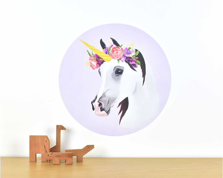 Medium unicorn wall decal with flower crown on purple background with animals