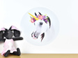 Medium unicorn wall decal with flower crown on white background and grey bunny