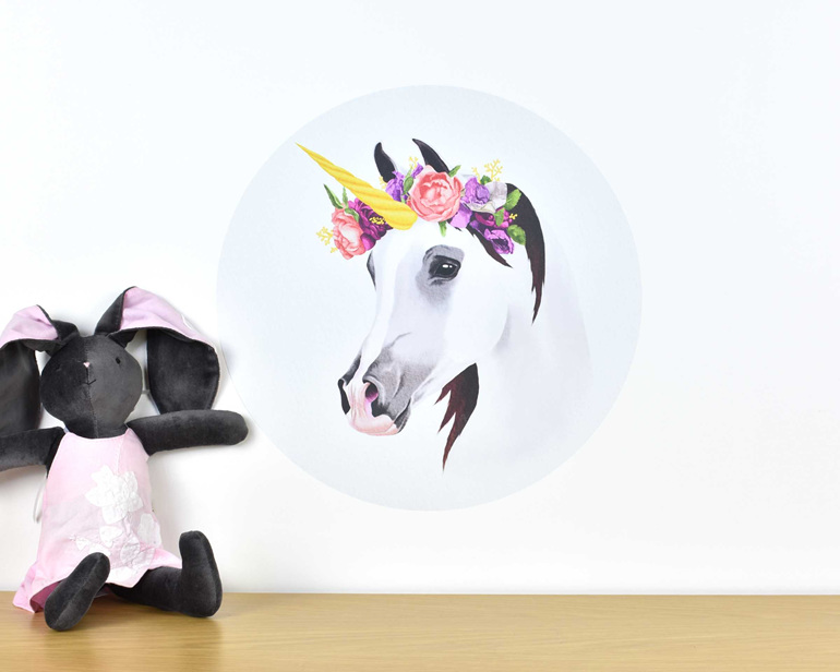 Medium unicorn wall decal with flower crown on white background and grey bunny
