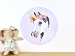 Medium unicorn wall decal with purple background and bunny soft toy