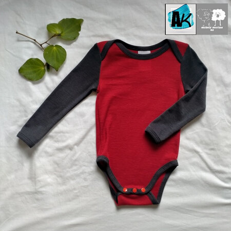Merino Onesie, Size 1 – Red with charcoal sleeves and trim
