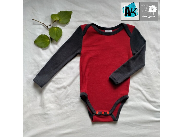 Merino Onesie, Size 1 – Red with charcoal sleeves and trim