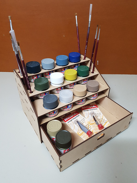MINI desktop paint organiser w/drawer, holds up to 12 paints & 8 brushes