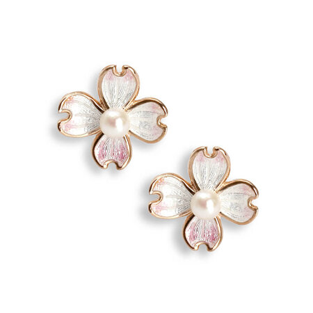 Mini White Enamel Akoya Pearl Flower Earrings Rose Gold
