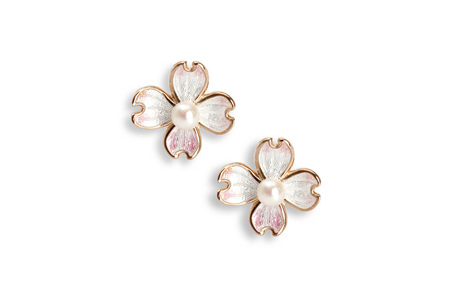 Mini White Enamel Akoya Pearl Flower Earrings Rose Gold