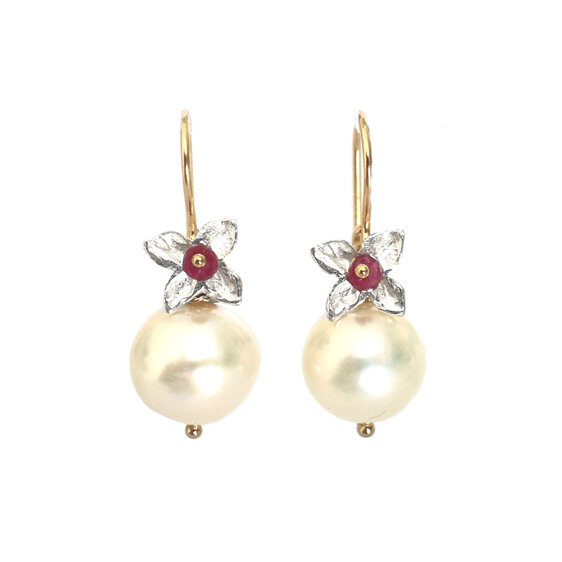 Miriam flowers ruby gemstone pearl earrings gold Lilygriffin nz jewellery