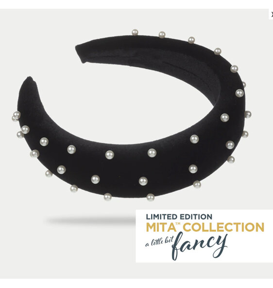 Mita A Little Bit Fancy Collection Black Velvet Padded with Pearls Headband