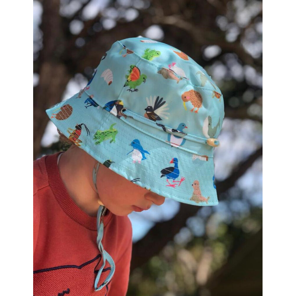 Moana Road Recycled Reversible Kids Bucket Hat Aqua Green Birds