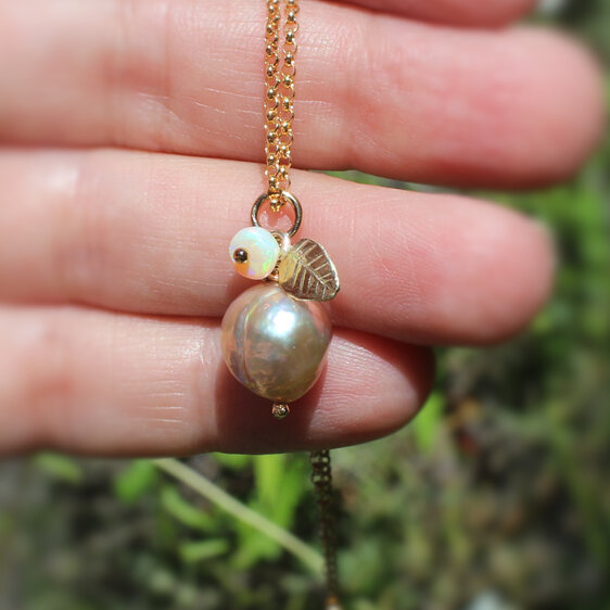 Momoka peach flower gold leaf opal pearl pendant lily griffin nz jewellery