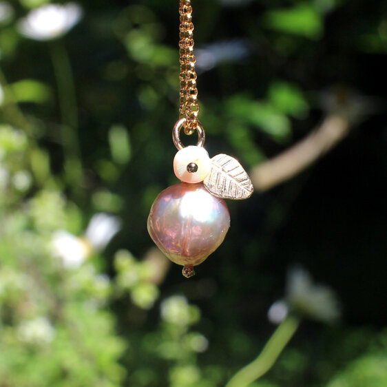 Momoka peach solid gold leaf opal pearl necklace lily griffin nz jewellery