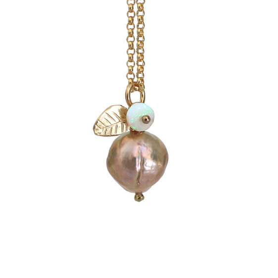 Momoka peach solid gold leaf opal pearl pendant lilygriffin nz jewellery