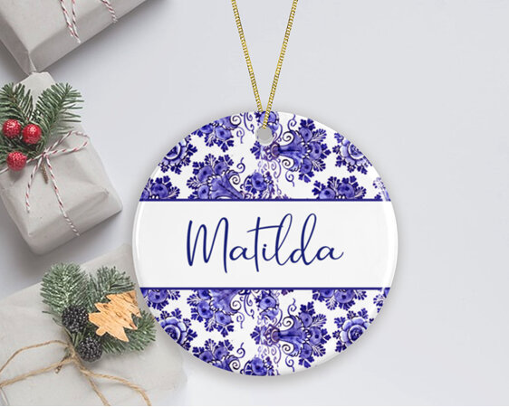 mosaic blue floral name christmas ornament