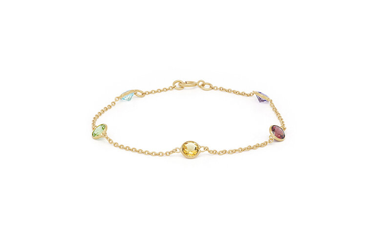 multi coloured gemstone yellow gold chain bracelet