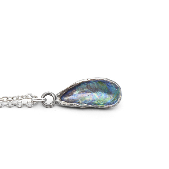 mussel shell oxidised sterling silver blue green necklace lilly griffin nz