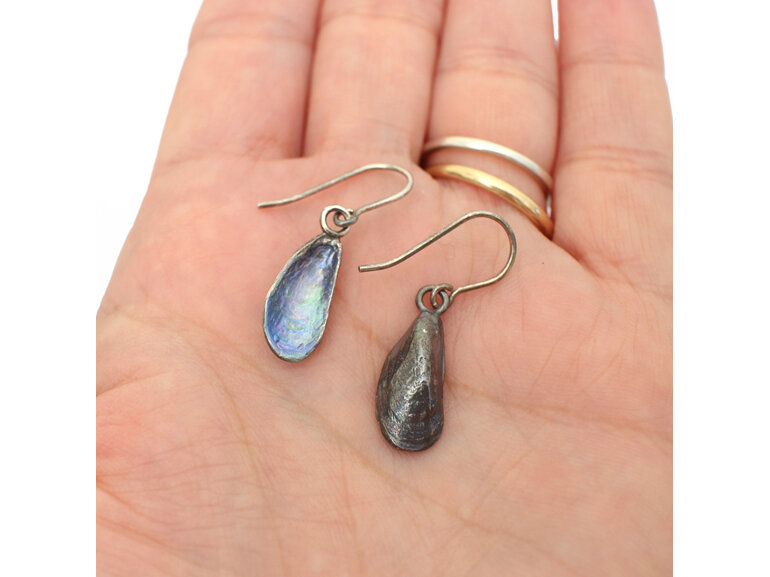 mussel shells oxidised sterling silver blue green nz earrings beach ocean