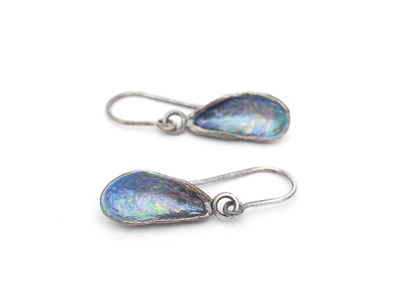 mussel shells oxidised sterling silver blue green earrings beach lilygriffin nz