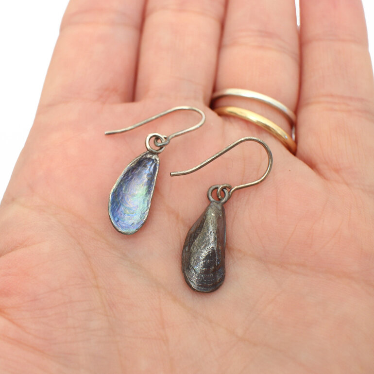 mussel shells oxidised sterling silver blue green nz earrings beach ocean