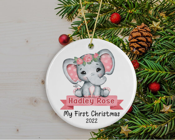 My First Christmas Pink Elephant Personalised Ornament