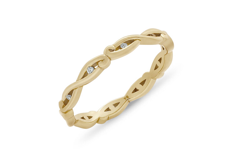 Narrative Marena Wedding Ring diamond set yellow gold band koru detail design