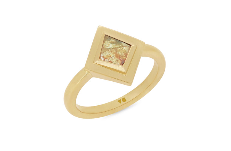 Natural cut unique orange-yellow kite shaped diamond 18ct yellow gold ring